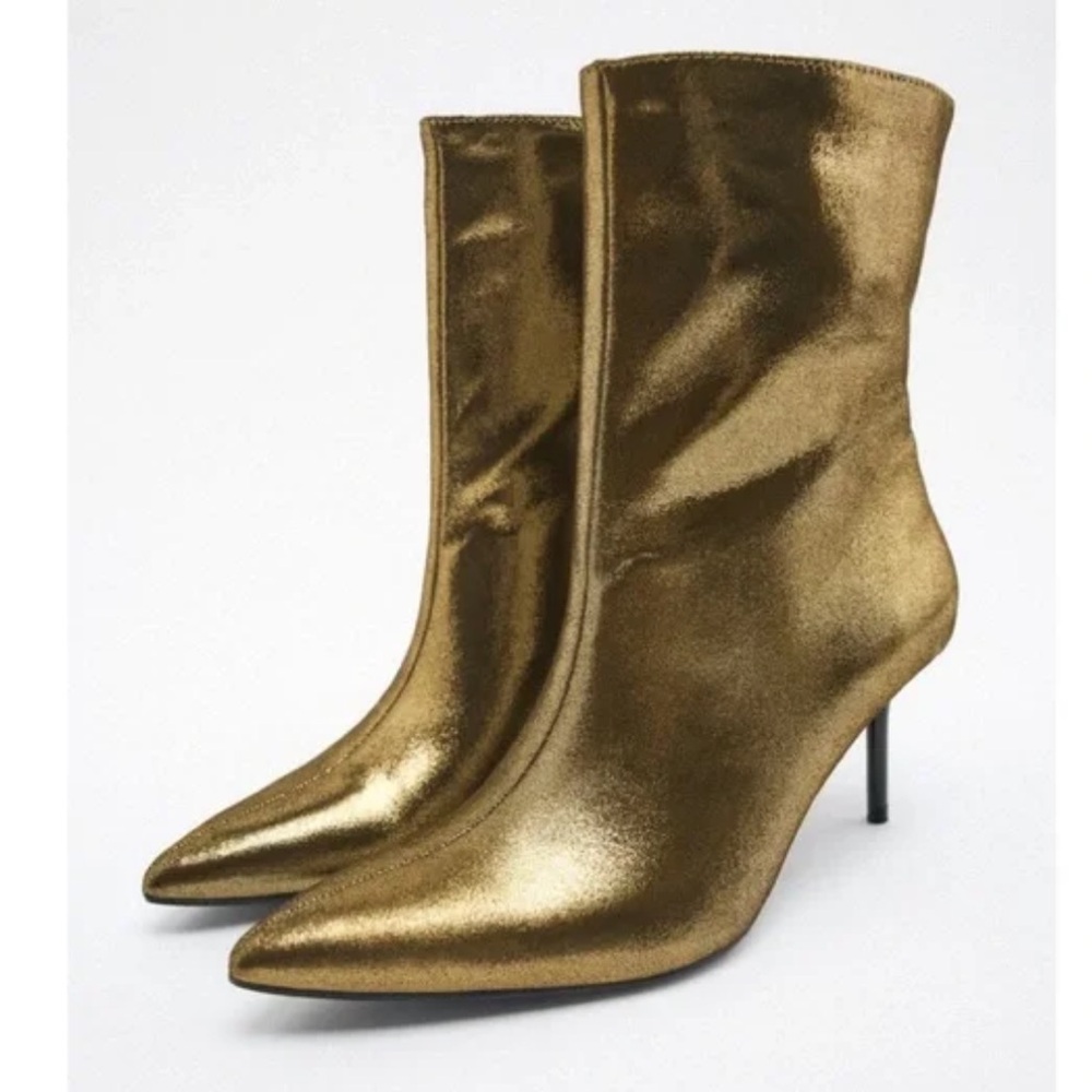 Zara Metallic Gold Tone Thin Heel Ankle Boots Size 9